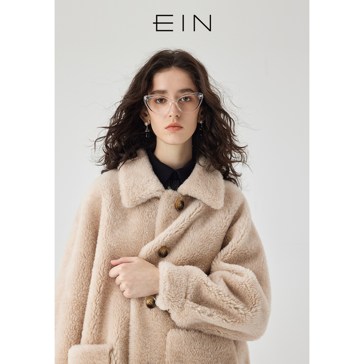 EIN/言学院风大翻领大口袋撞色纽扣软糯羊羔毛大衣外套23秋冬新款