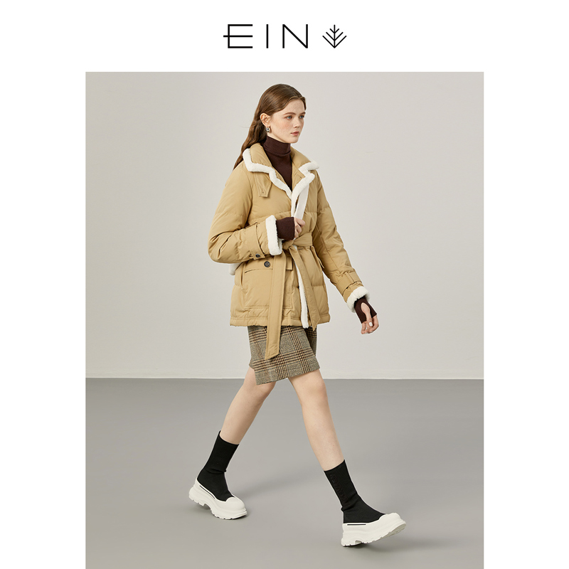 EIN/言冬季气质大方鸭绒西装翻领系带毛边轻奢轻羽绒服WF2801341