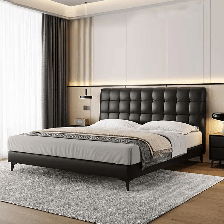 华夫格齐边高脚床头层真皮大床现代简约婚床轻奢软床意式F232B