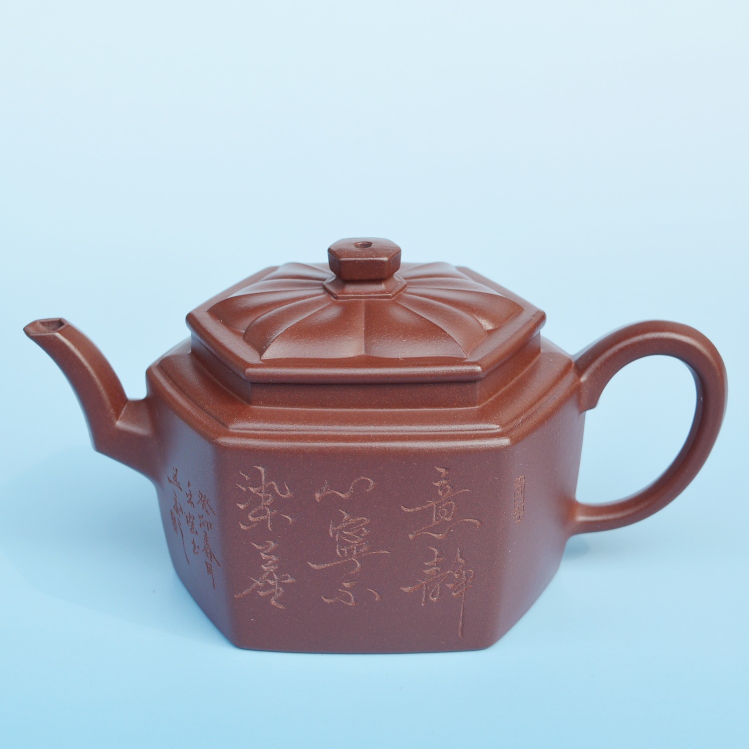  宜兴精品紫砂壶 全手工制作 原矿紫泥泥料 280CC六方菱花 紫砂壶