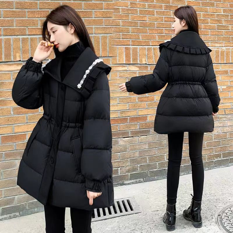 雪中飞2023新款气质宽松中长款羽绒服女黑色重工钉珠收腰加厚保暖