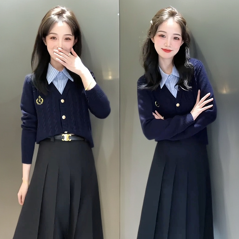 秋冬季穿搭一整套百搭金标假两件针织毛衣女西装百褶半身裙两件套