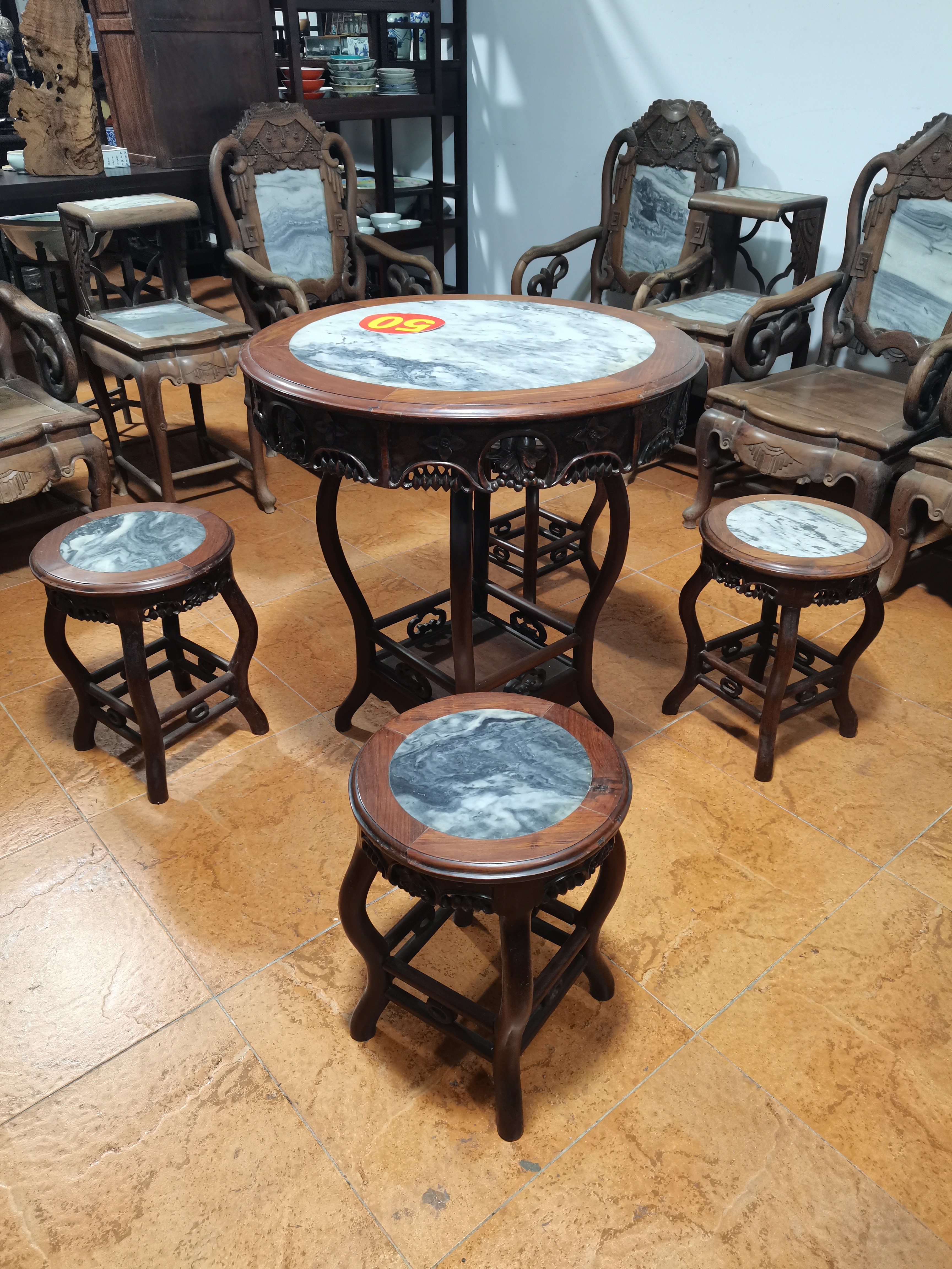 民国，酸枝木，圆台一套五件，完美品相！实木家具