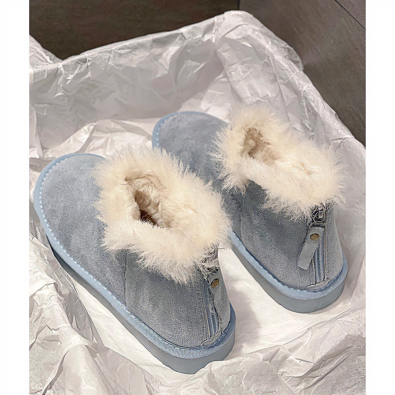雾霾蓝毛毛雪地靴女款冬季加绒加厚短筒拉链可爱棉鞋保暖面包棉靴