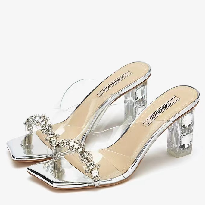 高级感时尚水晶透明钻高跟单拖鞋