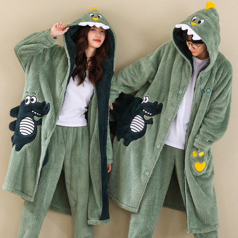 珊瑚绒睡袍男冬季加厚长款睡衣可爱卡通加绒情侣浴袍女秋冬季套装