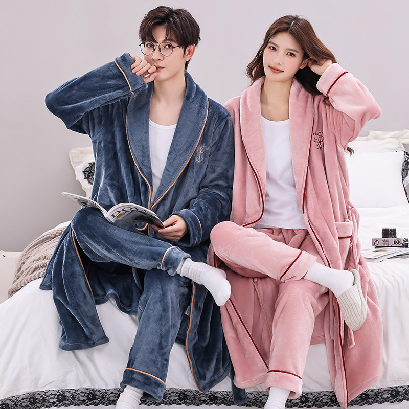 睡衣女秋冬季加厚长款法兰绒男士大码加绒浴袍珊瑚绒情侣睡袍套装
