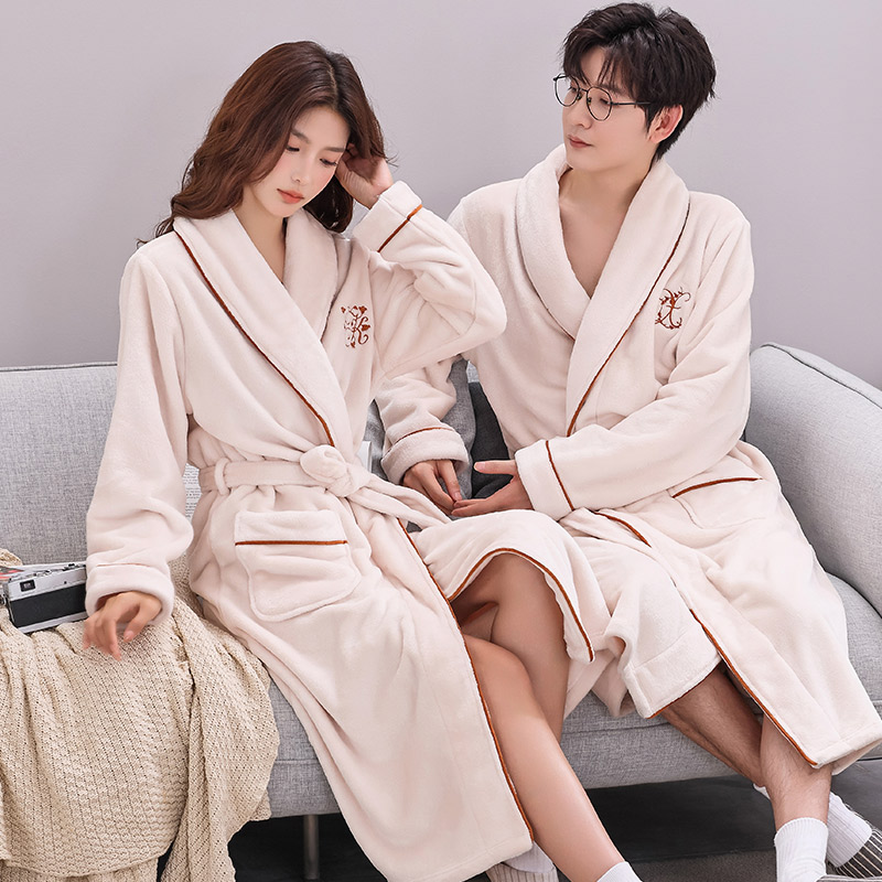 浴袍女冬季加绒加厚珊瑚绒睡袍长款法兰绒男士睡衣家居服浴衣晨袍