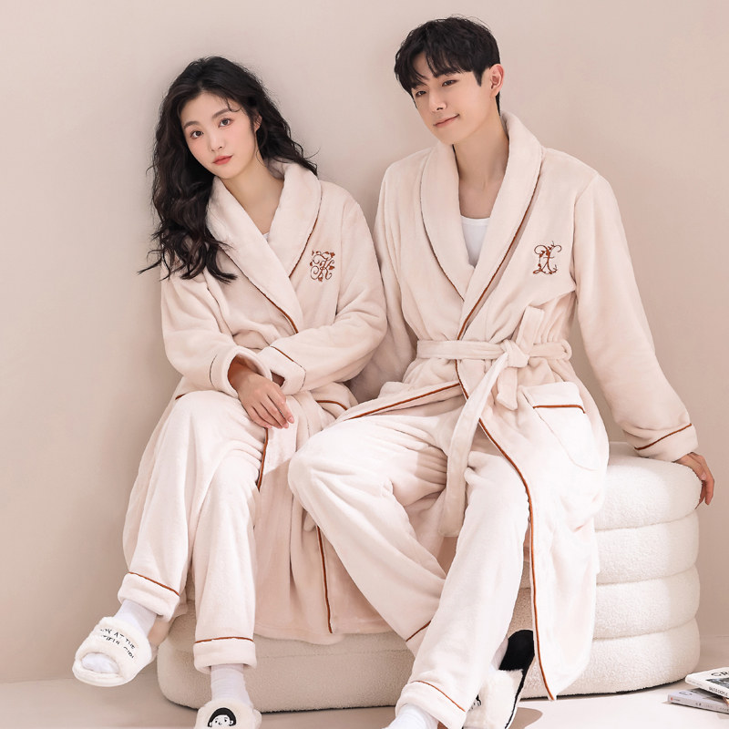 法兰绒浴袍女冬季加厚珊瑚绒睡袍男长款浴衣春秋情侣睡衣大码晨袍