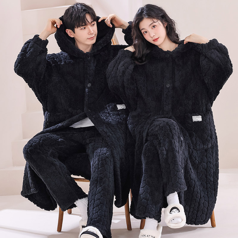 秋冬季珊瑚绒睡袍男士加绒加厚长款浴袍情侣睡衣女家居服连帽套装