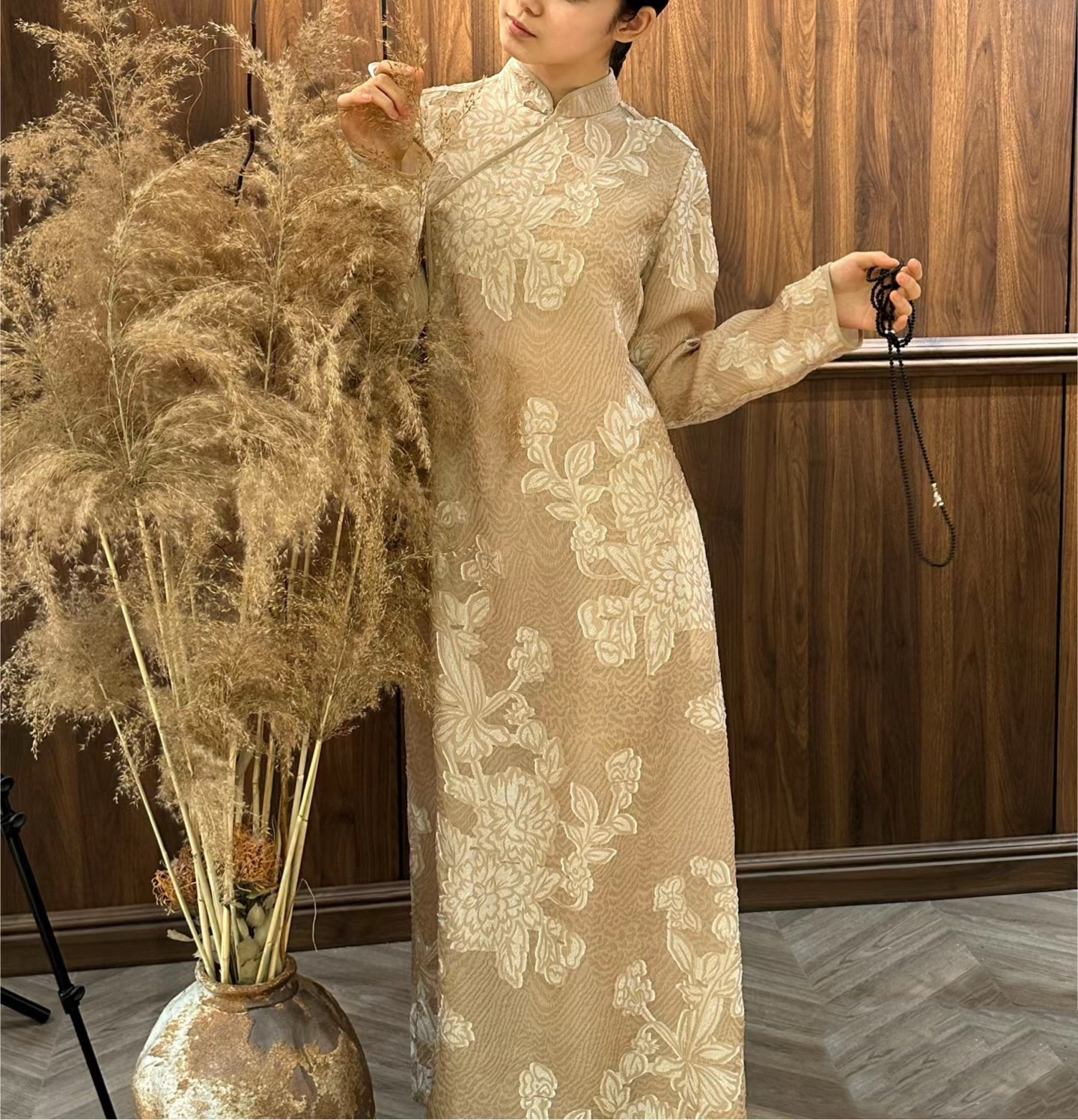 Messential L578茶禅提花连衣裙