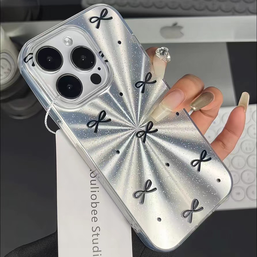 夕与空黑色蝴蝶结极光细闪适用苹果15手机壳iPhone13/14新款12/11