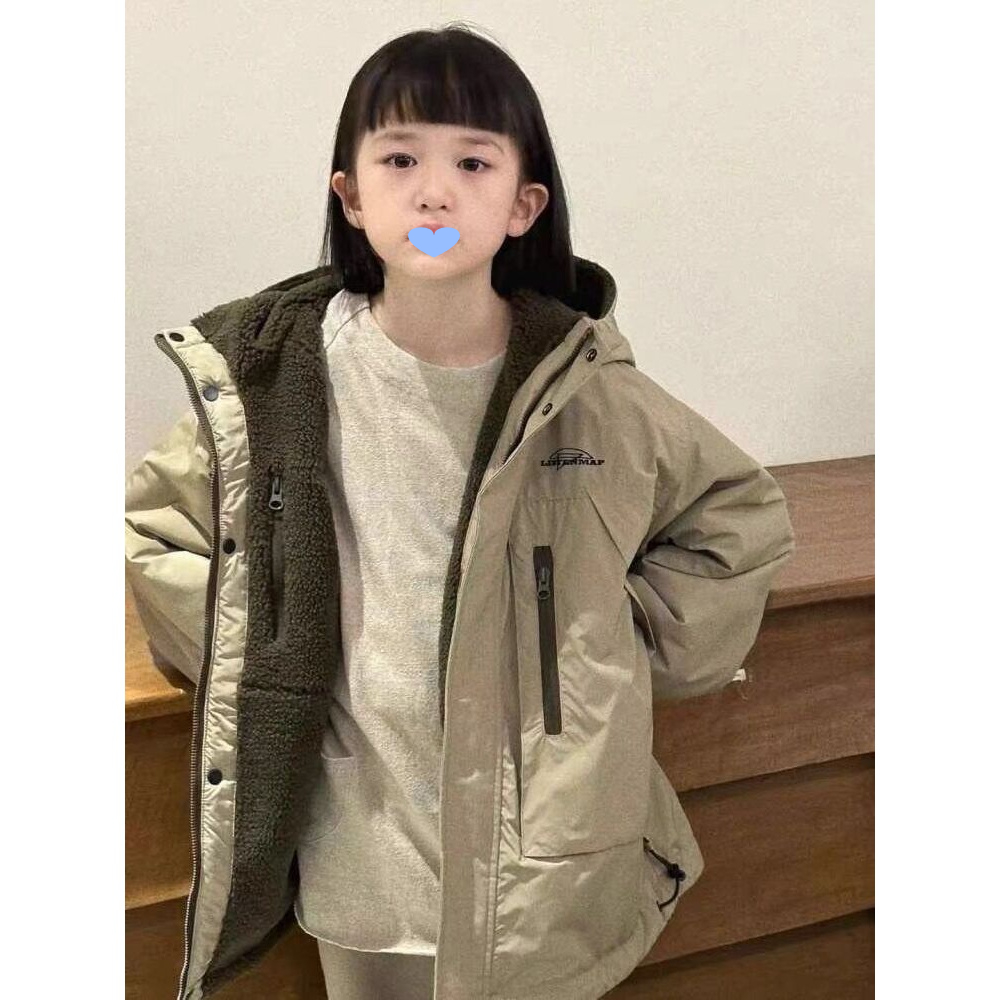 韩国童装女童双面穿羊羔绒冲锋衣冬2023新款男童冬装儿童外套洋气