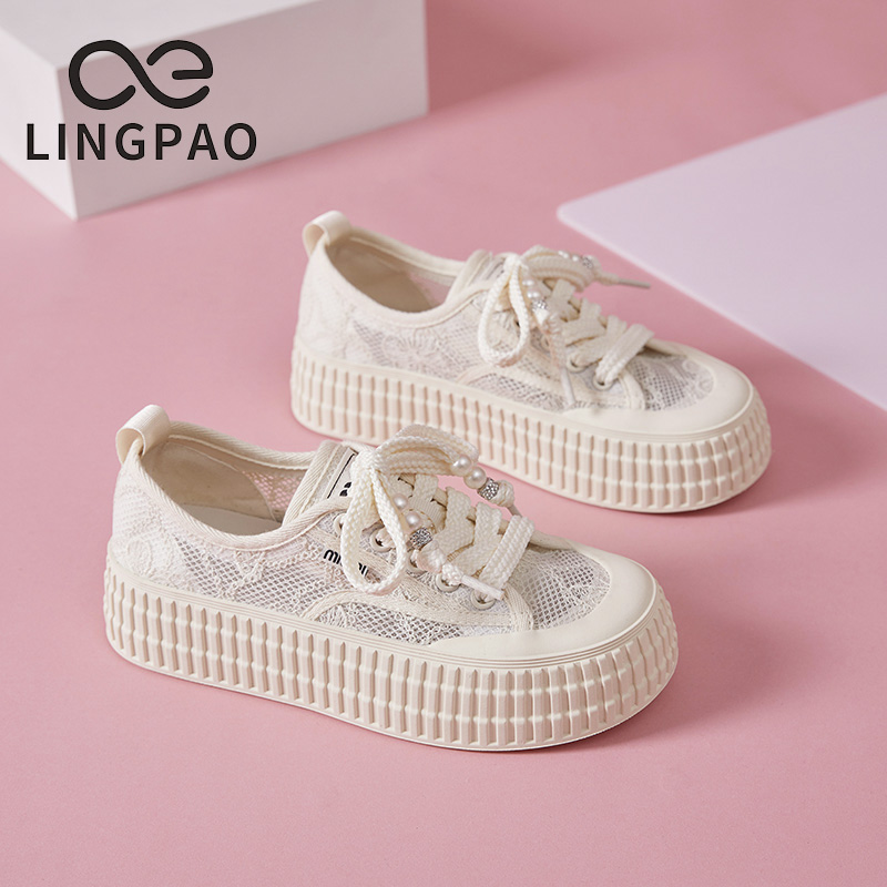 领跑国风蕾丝透气厚底网鞋休闲运动夏季新款百搭软底薄款板鞋外穿