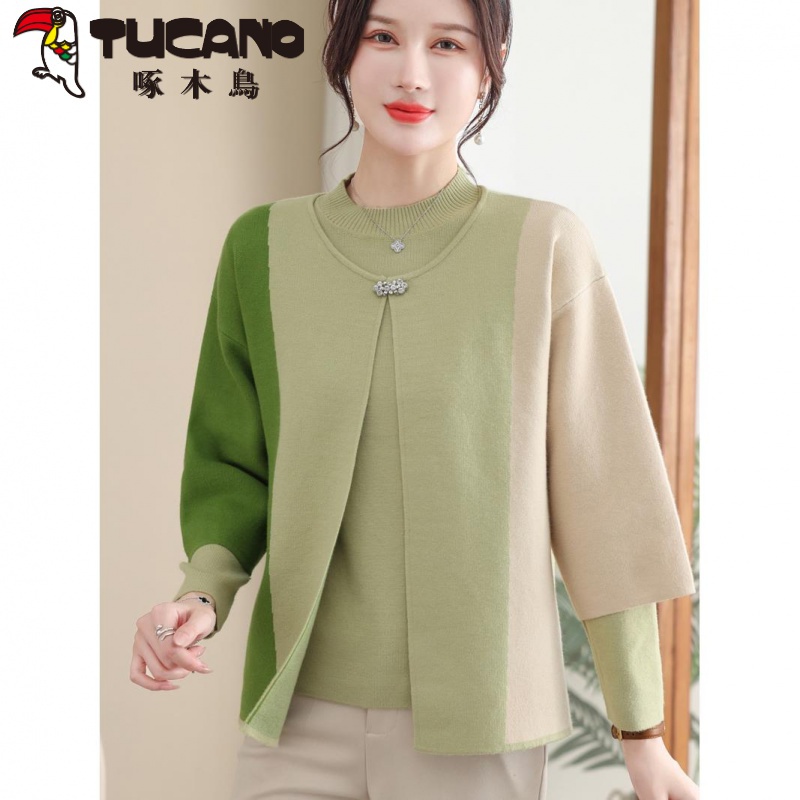 啄木鳥洋气妈妈春秋装针织两件套装50岁老年人上衣高贵中老年女毛