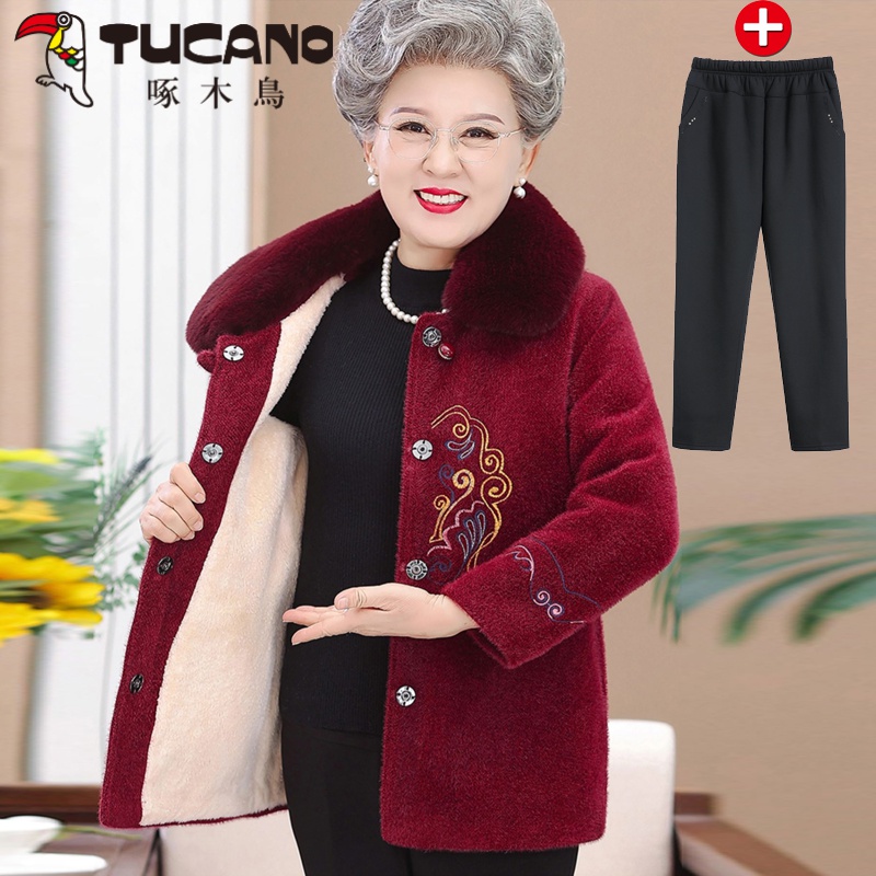 啄木鳥奶奶冬装加绒加厚大毛领上衣服60-70岁太太上衣服中老年女
