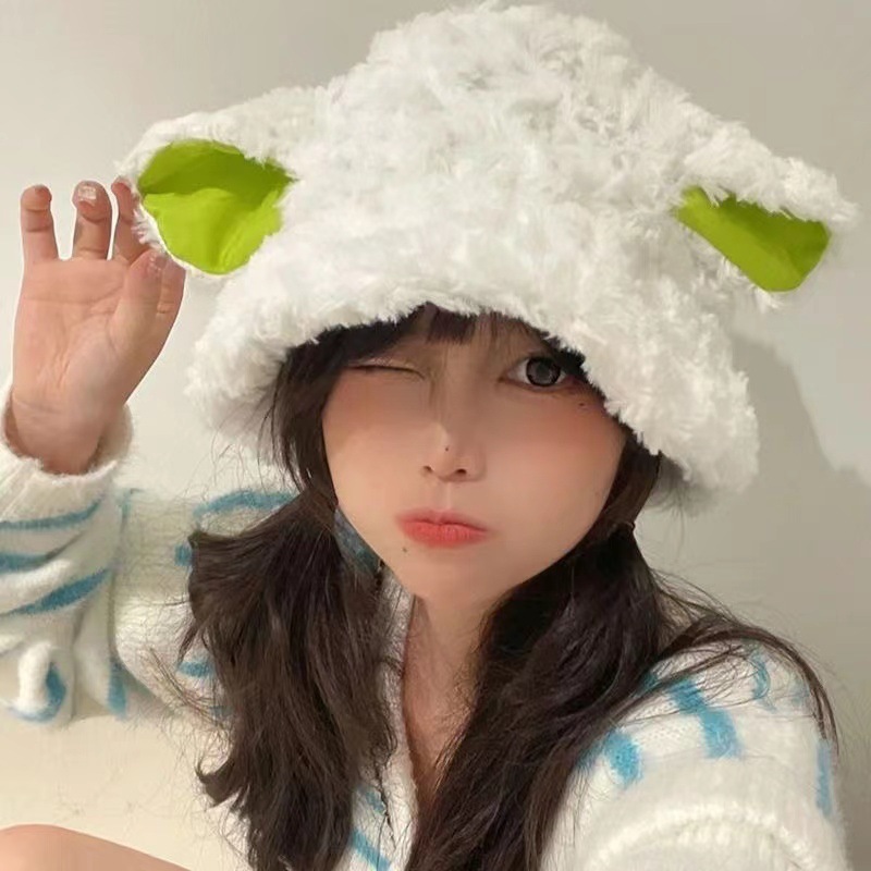 冬天俏皮羊耳朵帽女韩版可爱羊羔毛绒渔夫帽女百搭保暖毛茸茸帽子