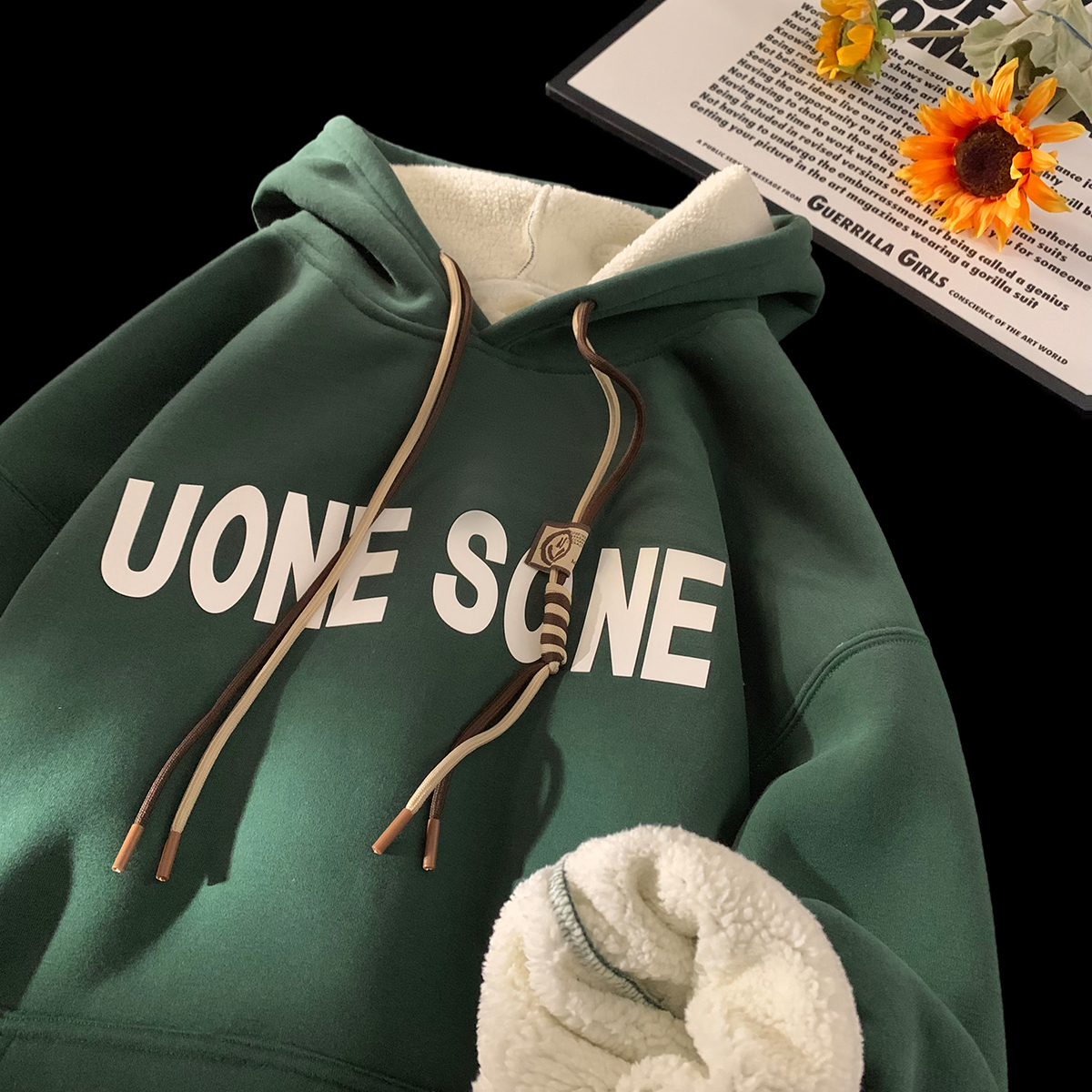 墨绿色重磅卫衣加绒男女冬季羊羔绒保暖美式连帽大码宽松百搭外套