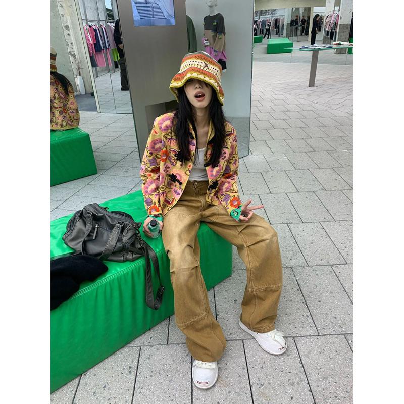 昆白复古盘扣刺绣外套女2023春秋季新款复古高级感情侣款飞行夹克