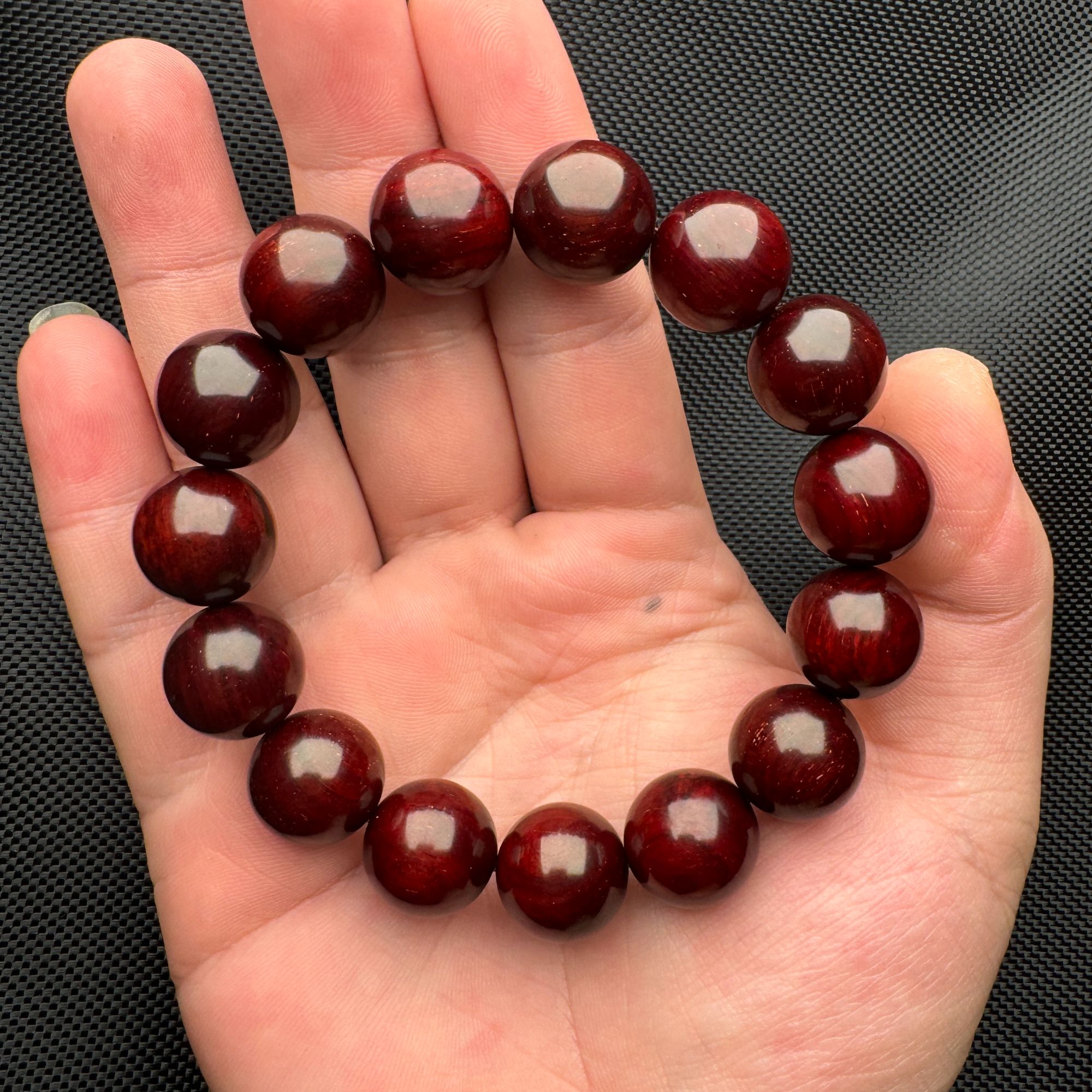 印度小叶紫檀 檀香紫檀15mm圆珠泥料玻璃底手串 精工