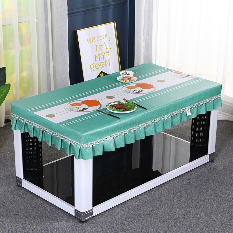 PVC电炉罩套防水防油皮罩免洗客厅茶几桌罩裙摆款花边薄款桌布