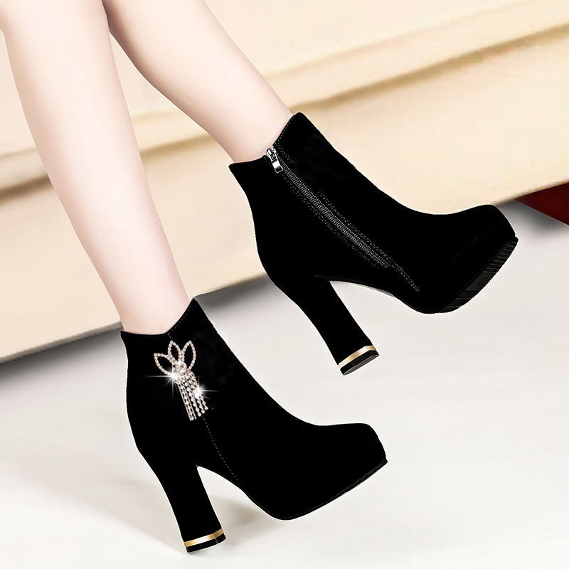 红蜻蜓牌短靴女秋冬圆头裸靴靴子高跟性感防水台粗跟加绒靴子百搭