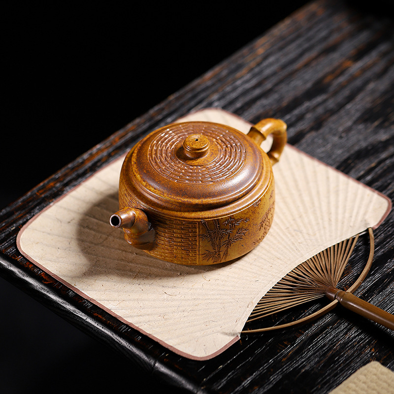 珍藏捡漏高温段泥手工竹编鼓壶宜兴原矿紫砂壶茶具大茶壶340c13孔