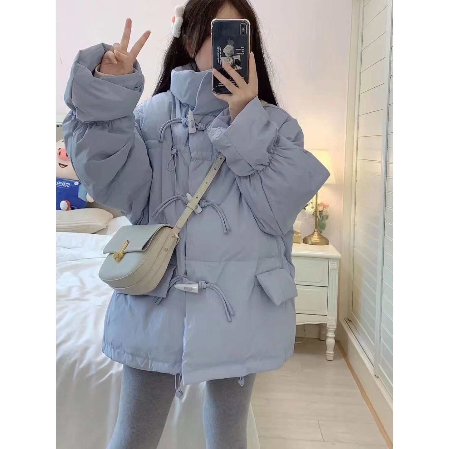 2023秋季日系学生女宽松韩版蓝色加厚保暖立领牛角扣面包棉服外套