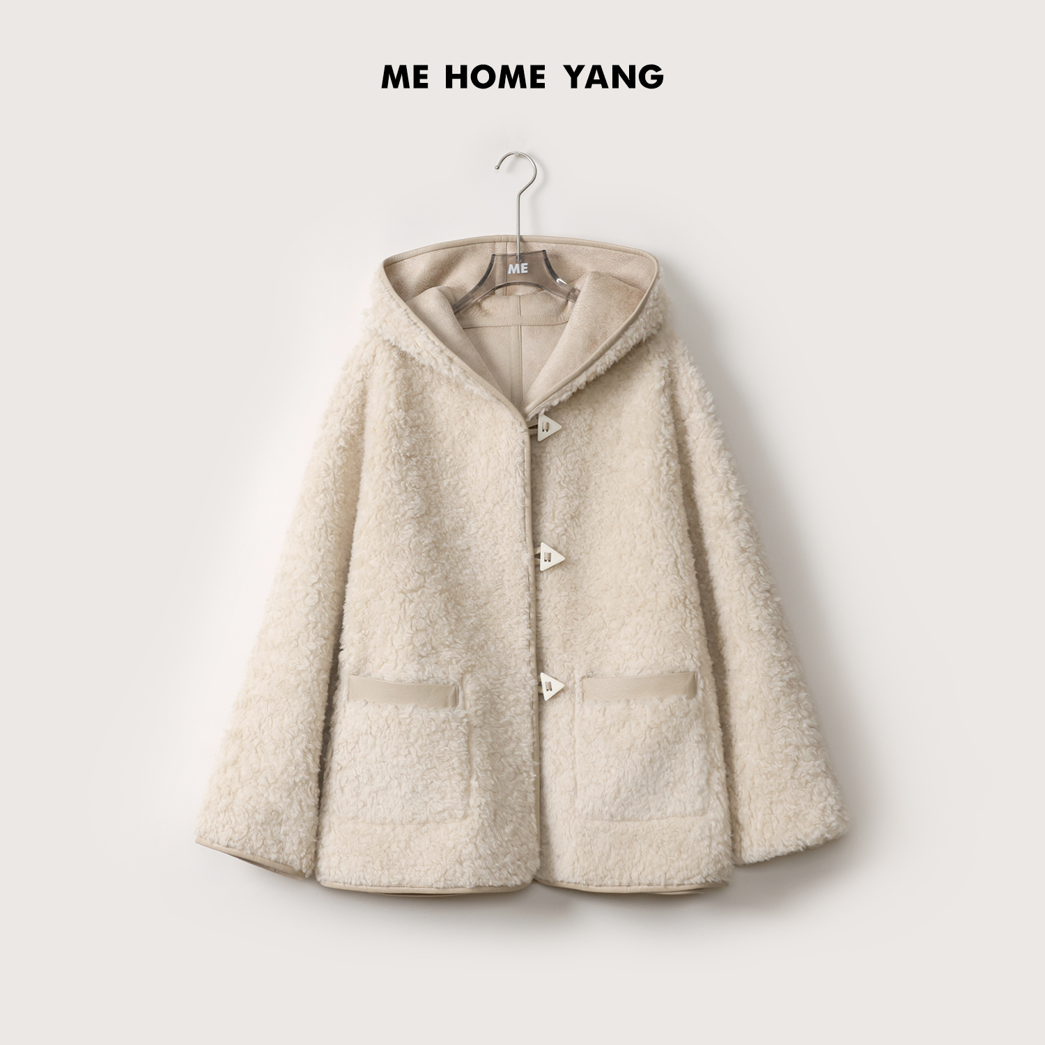 ME【远洋录】毛面100绵羊毛三角扣连帽毛毛外套一手长外套MEQA3755