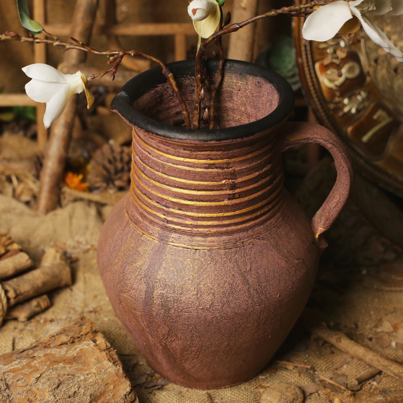  新中式手工陶罐粗陶多肉花盆复古桌面花瓶花器土陶罐瓦罐插干花