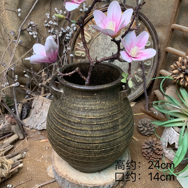 新中式禅意花盆粗陶插花瓶复古摆件客厅插干花器仿古多肉土陶罐