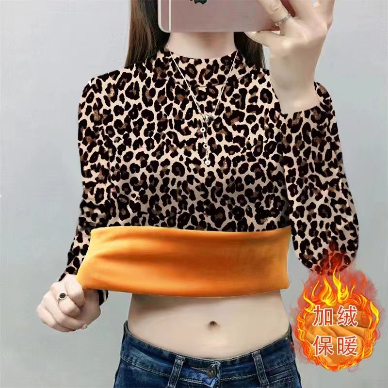 女保暖上衣加厚加绒中年妈妈装修身半高领印花T恤冬天新款打底衫