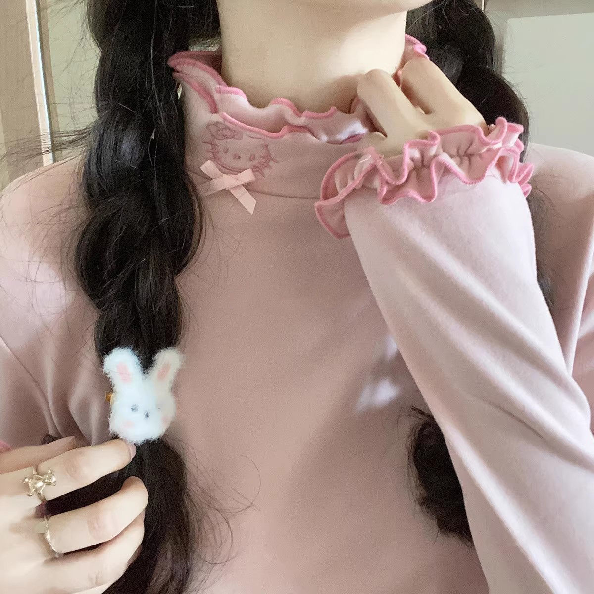 秋冬季磨毛发热保暖德绒打底衫女设计感加厚木耳边半高领内搭上衣