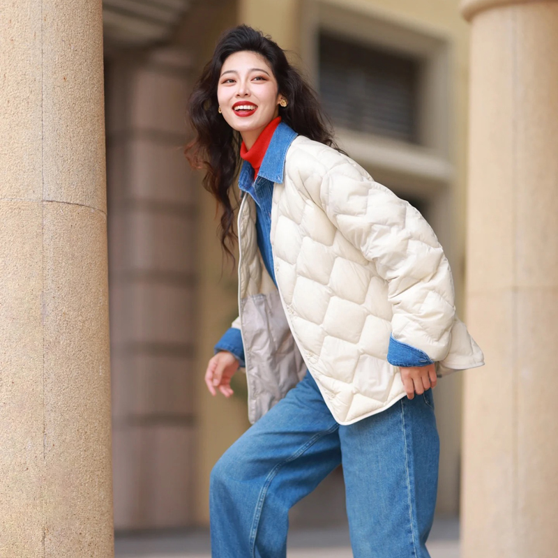 好穿到飞起！又轻又暖！秋冬茄克V领简约气质休闲保暖菱形格外套女