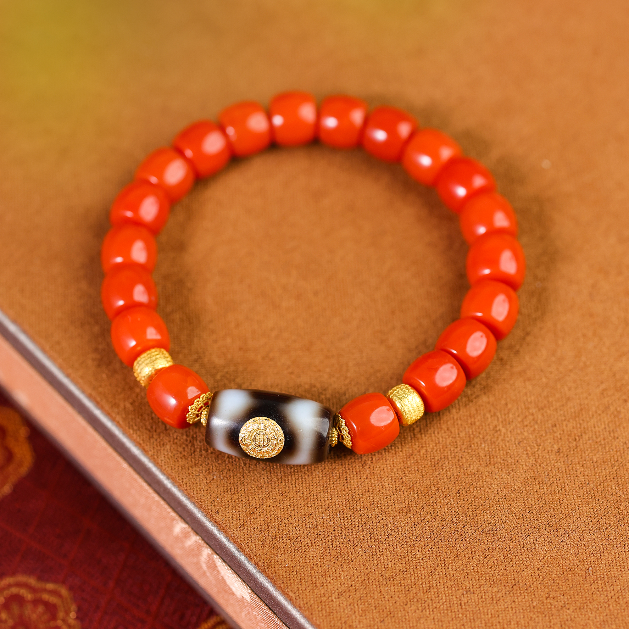 坛城三眼/18K金南红直切手串南红玛瑙手串文玩手串女款包邮保真