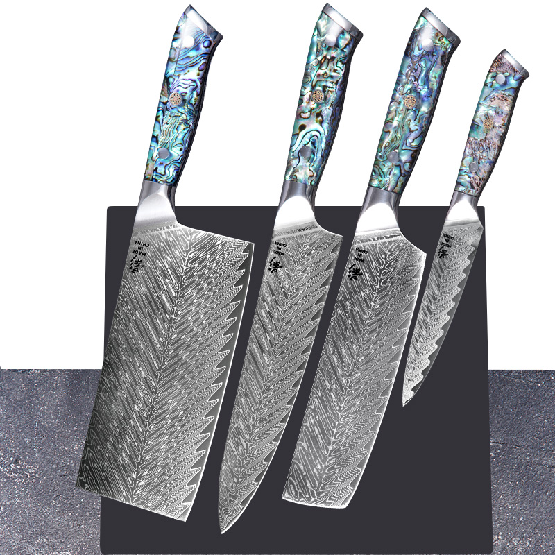 《影》大马士革鲍鱼壳鱼骨四件套中式主厨平头万用刀钢芯61HRC套装/