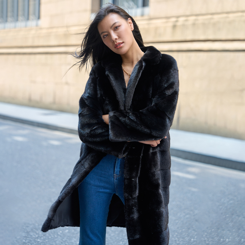 MKA4604 欧洲进口宝嘉美西装领黑貂大衣休闲显瘦外套女