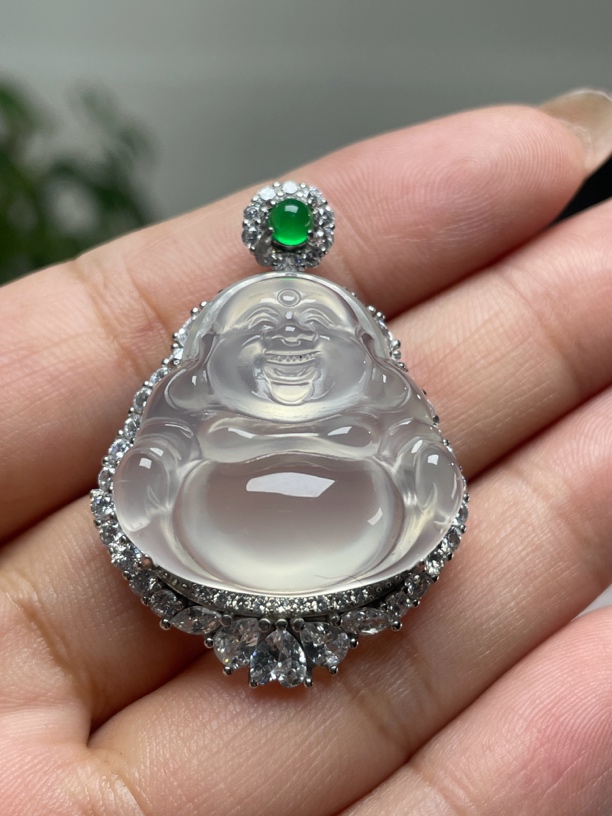 纯天然玛瑙玉髓吊坠，冰透大肚佛豪镶嵌925银佛公