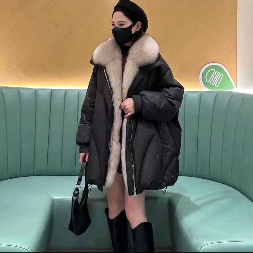 时尚保暖羽绒羽绒服女2023秋冬新款加厚大毛领宽松中长款羽绒服外