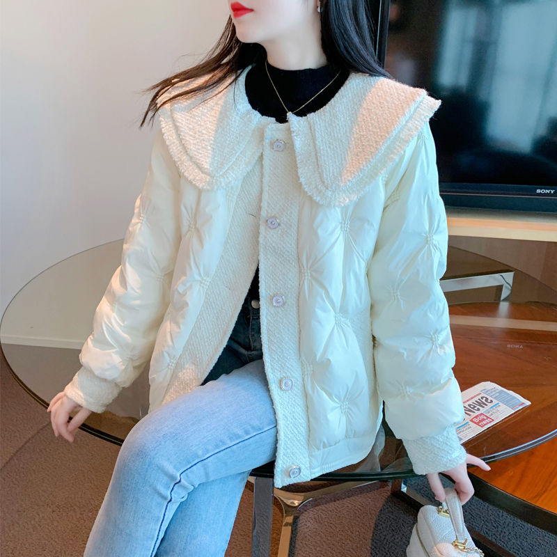 白鸭绒小香风娃娃领羽绒服外套女2024冬季新款韩版设计感显瘦上衣