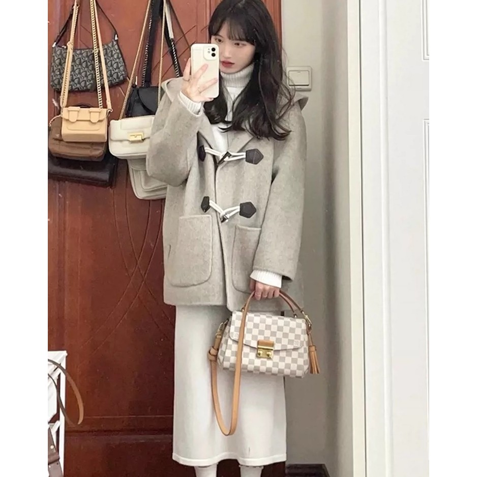 2024短款牛角扣呢子大衣女毛呢外套秋冬季新款赫加厚今年流行