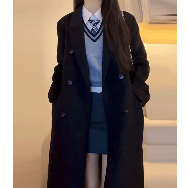 黑色正肩呢子大衣女2024秋冬新款毛呢外套小个子韩系中长款赫本风