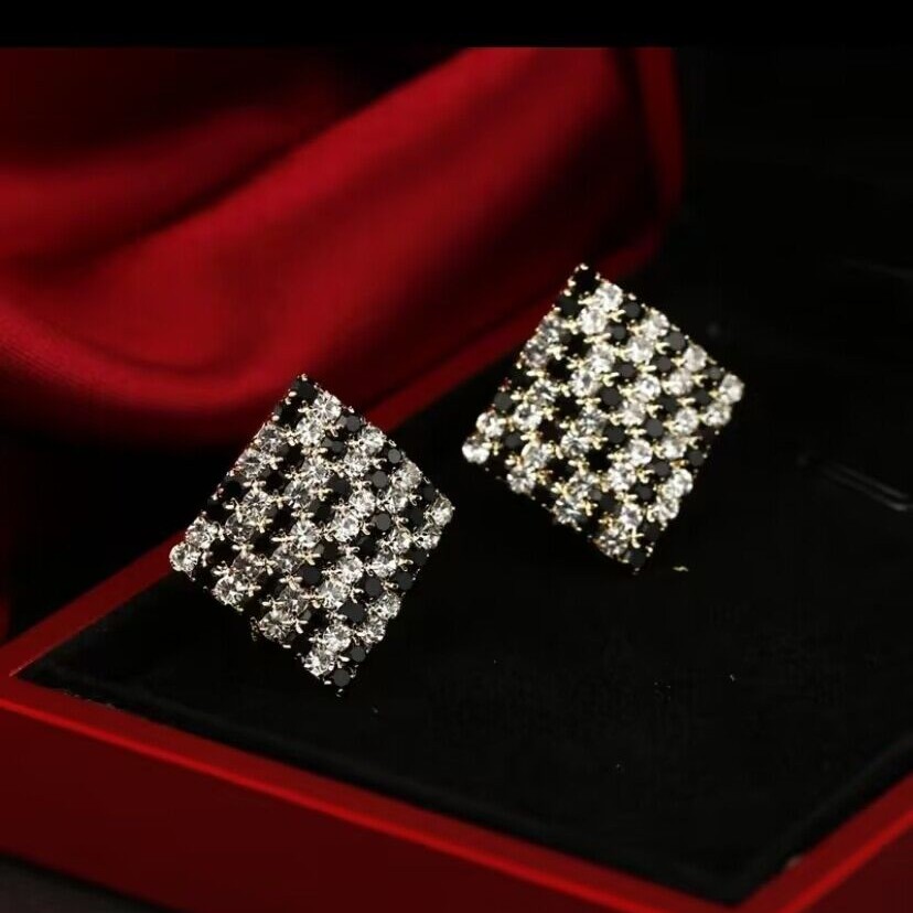 铜合金耳饰 微镶唯美新中式配饰耳环气质轻奢菱形千鸟格