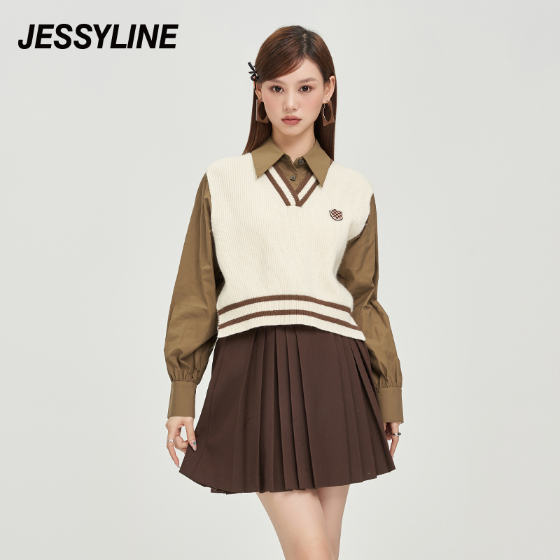jessyline秋装新款 杰茜莱设计感小众假两件高级感衬衫女上衣