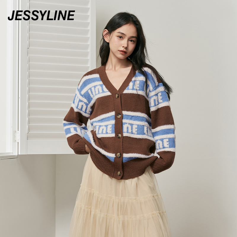 jessyline秋装新款 杰茜莱时尚撞色v领针织开衫女毛衣小外套