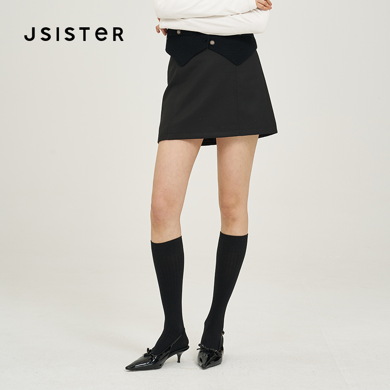 jsister 2025早春新款 JS女装时尚黑色通勤A字短裙S433112133