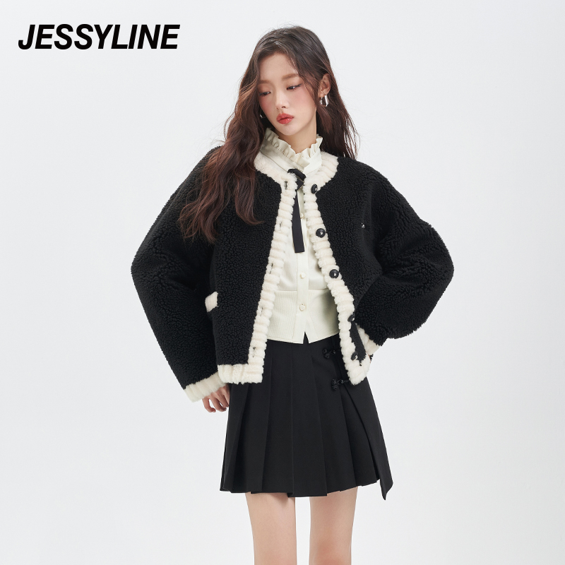 jessyline冬季新款女装 杰茜莱黑白色羊毛外套优雅气质 344221398