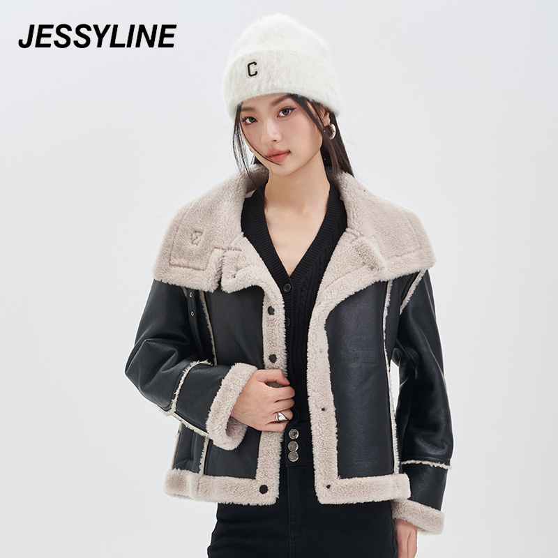 jessyline冬季新款女装 杰茜莱黑色百搭加绒外套女 342121052