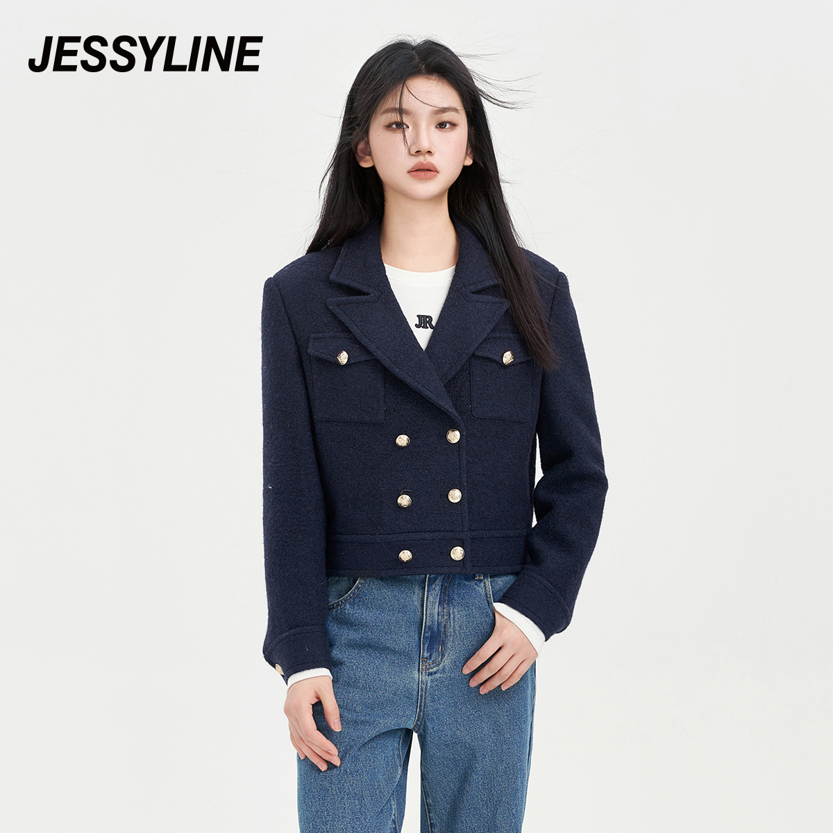 jessyline 秋季新款杰茜莱藏青毛呢外套羊毛翻领大衣通勤