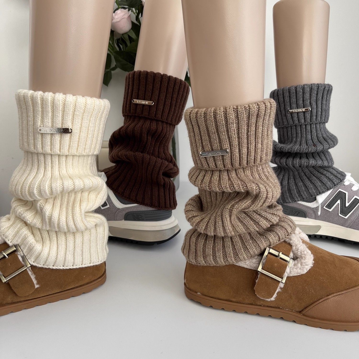 日系奶白色羊毛袜套女秋冬中短筒慵懒堆堆针织袜套烟灰色小腿袜套